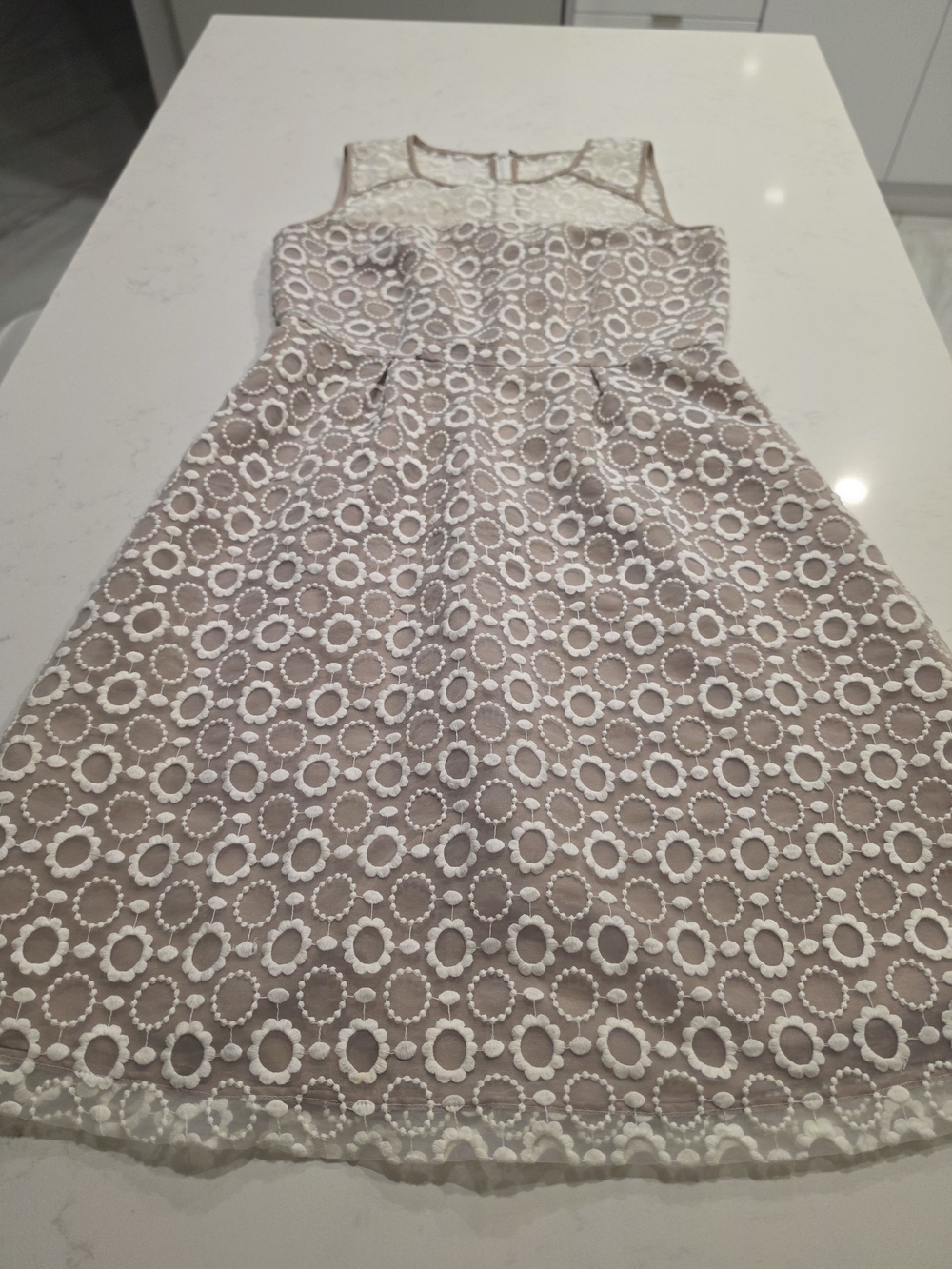 Calvin Klein Taupe Dress with White Eyelet Overlay